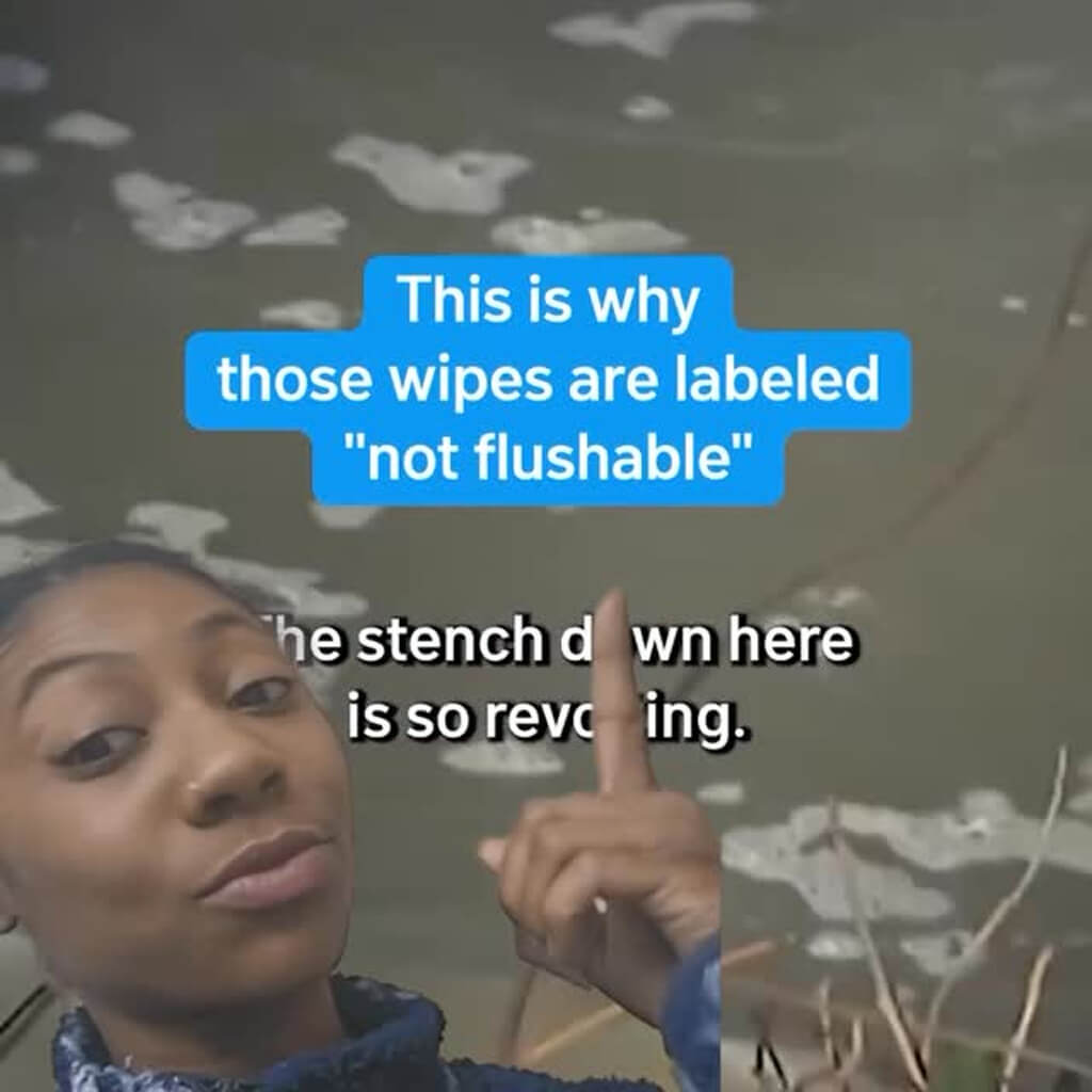 Sewage News wipes Instagram post Social media post of a woman in front of a background news story about sewage